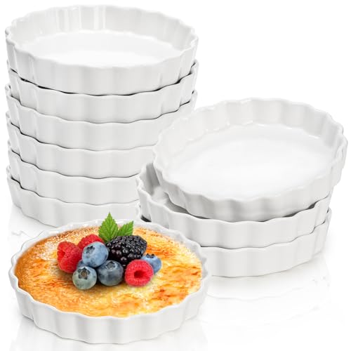 Foraineam 10 Pack 8 oz Creme Brulee Ramekins, 6 Inch Round Fluted Quiche Dishes, Porcelain Pie Pan