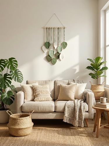 Image of JH Gallery Handmade Macrame Leaf Wall Hanging - Boho Cotton Tapestry with Wooden Beads for Elegant Bedroom, Living Room & Balcony Decor(Green and White)