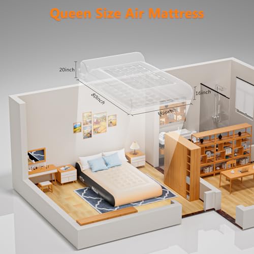 Queen Air Mattress Full with Built in Pump,16" Comfort Flocking Inflatable Blow Up Mattress,Equipped for Home, Guests, Camping,Inflate in 3 Minutes, 660 lbs Max (Black)