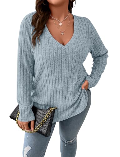 Image of Koscacy Women Plus Size Casual Knit Sweater V Neck Solid Color Tops Lightweight Long Sleeve Blouses
