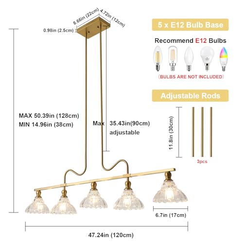 BrkNit Vintage Chandelier Light, 5-Light Brass Pendant Lights Kitchen Island Lighting with Flower Glass Shade, Ceiling Hanging Light Farmhouse Chandeliers for Dining Room by BrkNit - Used condition - Image 3
