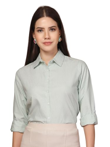 Image of Style Quotient Women Gray and White Cotton Stripe Smart Casual Shirt