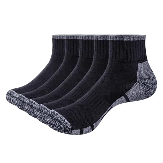 YUEDGE Mens Black/White Cotton Ankle Socks for Men, Moisture Wicking Sports Socks Quarter Gym Golf Athletic Socks Cushioned Running Socks, 5 Pairs, Black, 9-12
