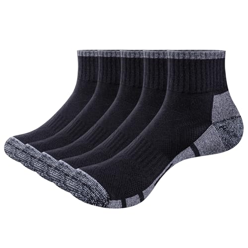 Mens Cushioned Quarter Gym Golf Tennis Running Athletic Socks Moisture Wicking Cotton Ankle Socks For Men, 5 Pairs