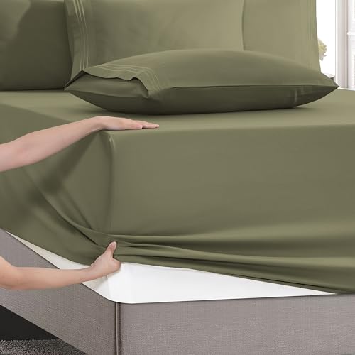 Image of Mocassi Luxury 4-Piece Sheet Set, Ultra Soft 1800 Premium Hotel Quality Microfiber Sheet Set, Fits Mattresses Up to 18 to 24 Inches Extra Deep Pocket - Breathable and Secure Fit, Twin XL, Sage Green