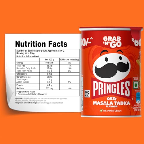 Image of Pringles Desi Masala Tadka | Potato Chips | Desi Masala Flavoured Potato Chips | Crispy Snack | Crunchy Snack for Movies, Games & More | On-the-Go Can | 40g