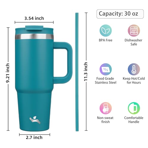 Image of Konokyo 30 oz Tumbler with Handle and 2 Straws,2 in 1 Lid Insulated Water Bottle Stainless Steel Travel Coffee Mug,Blue