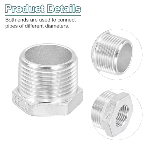 Image of uxcell 3Pcs 3 /4 inch Male to 3 /8 inch Female NPT 304 Stainless Steel Reducer Hex Bushing, Reducing Cast Pipe Adapter Fitting for industrial, oil /gas, water, HVAC, and plumbing systems
