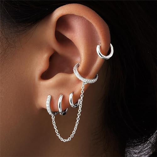 Image of Small Gold Huggie Hoop Earrings Set for Women Men Hypoallergenic 14K Plated Stack Cartilage Earrings, Sterling Silver Multiple Piercing Lightweight Mini Thin Cute Dainty Trendy Jewelry Gifts for Women