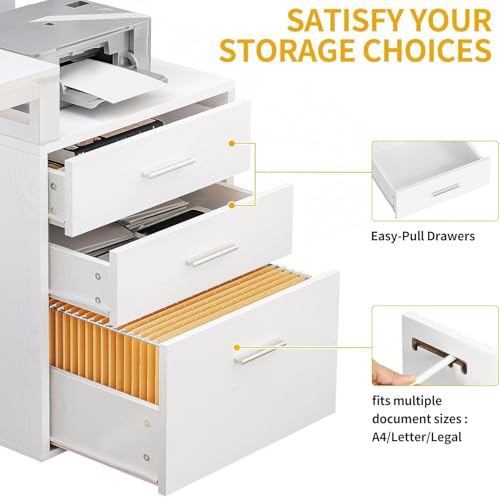 Image of DWVO L Shaped Desk with Drawers, 65 inch Computer Desk with Power Outlets & LED Lights, Corner Home Office Desk with Storage Shelves & Printer Stand, White