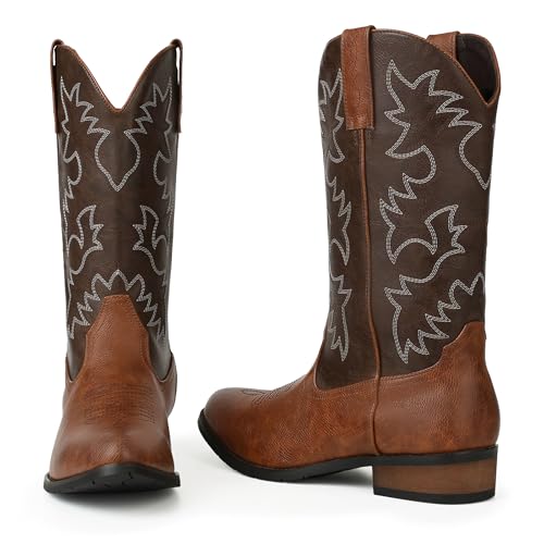 Image of femflame Cowboy Boots for Men Round Toe Distressed Work boots Embroidered Western Boots Traditional Country Boot
