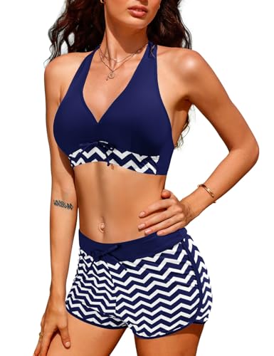 Tuopuda Traje de baño de Mujer de Dos Piezas Push Up Floral Halter Tankini Set con Shorts Bikini de Traje de baño Deportivo de Cintura Alta para el Mar Playa Piscina Fiesta Vacaciones(Armada,L)