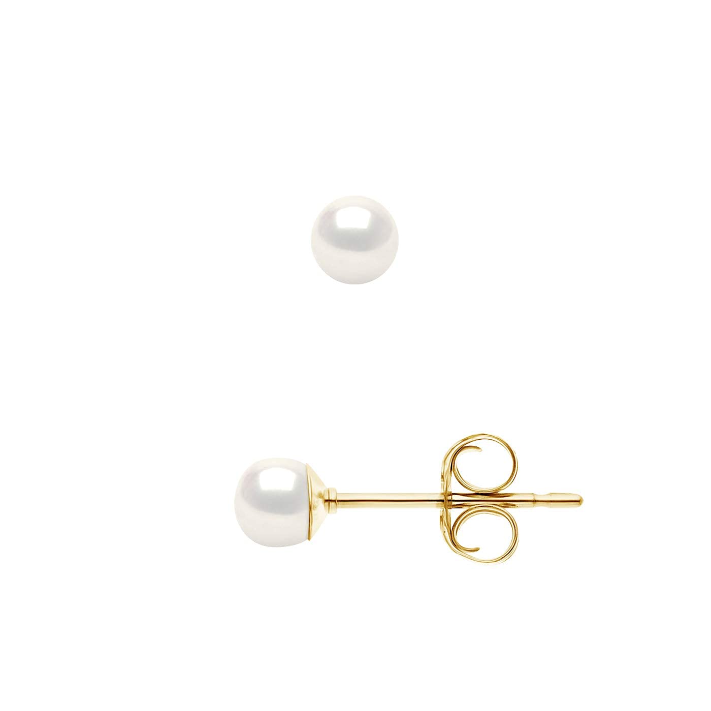 Pearls & Colors - Boucles d'Oreilles - Véritables Perles de Culture d'Eau Douce Boutons - Blanc Naturel - Qualité AAA+ - Or Jaune - Système Poussette Haute Qualité - Bijou Femme