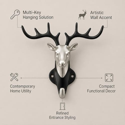 Image of Deer Head Wall Key Holder, Zinc Alloy Hanging Hooks for Keys & Accessories, Multipurpose Key Hanger Stand for Home Decor, Entryway Organizer, Satin Black Finish - Pack of 1