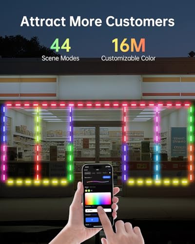 Image of 60FT LED Storefront Lights for Business - DIY 16M Color Waterproof Window Light with Remote & App Control, 44 Modes Changing and Timer LED Strip Lights for Restaurants, Bars, Cafes, Stores, Windows