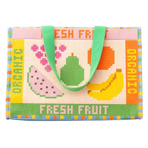 ban.do Rattan Market Bag with Handles for Groceries, Colorful Straw Purse/Handbag with Zipper Pocket for Beach/Pool, Fruit Tiles by ban.do - Used condition - US$38.86