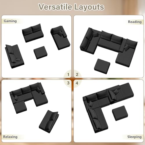Image of Lakifun 166.9 inch L-Shape Sofa with Ottoman, Modern Modular Sectional Comfy U-Shape Cloud Couch, Deep Seat, Upholstered Corduroy Sleeper Chaise Longue for Living Room Bedroom, No Assembly Required, Black