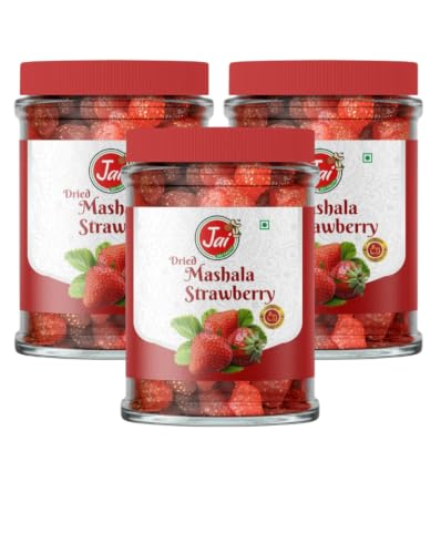 Image of JAI DRY FRUITS MASHALA Strawberry | Chatpata Dry Strawberry | Premium Dehydrated Snack | Tangy & Spicy & Sweet Healthy Fruit Snack | Ready to Eat | Rich in Fiber | Pack of 3 | 150g Each