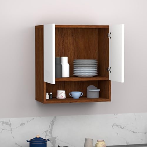 Image of 2 Door Multipurpose Wall Mounted Cabinet with Adjustable & Fixed Shelf | Storage for Kitchen, Bathroom, Office & Living Room | Assembly-DIY | Color-Cherry Pine & White | Size-60x33x63.8 Cm