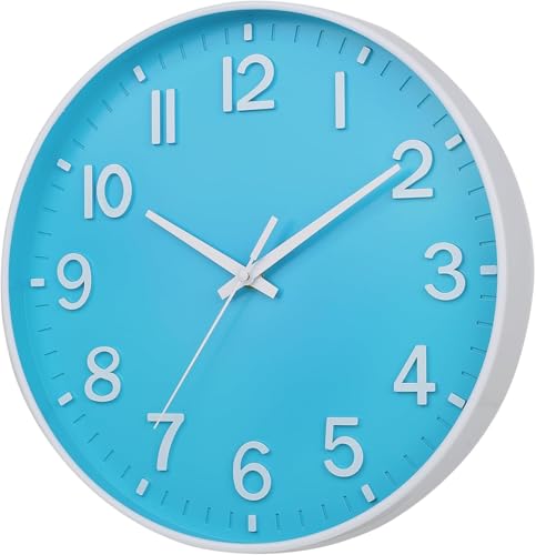Image of HZDHCLH Wall Clocks Battery Operated,Wall Clock Blue and White 8 inch Wall Clock Silent Non Ticking Modern 3D Numbers for Office Kitchen Classroom Bedroom Living Room Decor