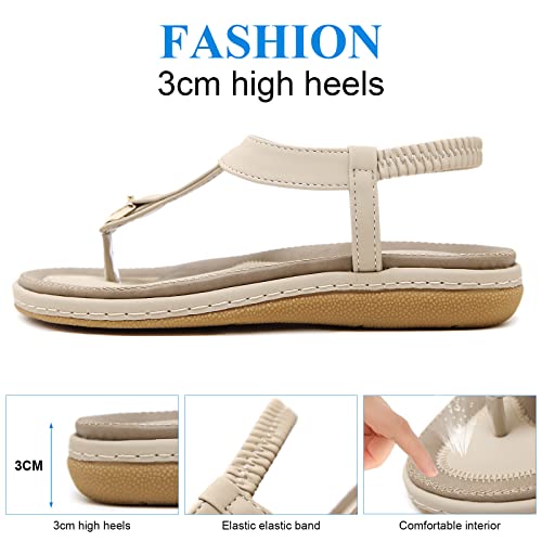 KUNWFNIX Flat Sandals for Women Dressy Summer Comfortable Bohemian Elastic Ankle Strap Beach Walking Sandals for Women - Image 3