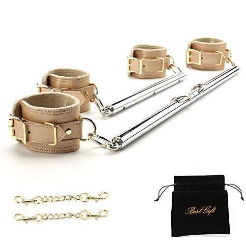 exreizst 2 Silver Spreader Bar with 4 Gold Leather Straps Adjustable Expandable Home Gyms Sports Set, Silver/Gold