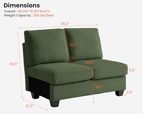 Image of CHIC HOUSE Modular Sectional Sofa with Storage Ottomans, Corduroy Cloud Couch for Small Spaces & Apartments, Reconfigurable L /U Shaped Convertible Corner Sofa, Green, Double Seater