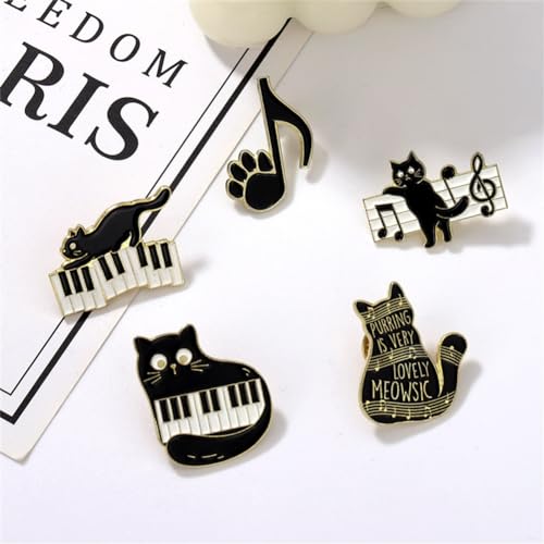 Image of Black Cat Enamel Pins Cartoon Cute Animal Enamel Brooch Pins Set for Women Men Purring Is Very Lovely Meowsic Alloy Cat Enamel Brooch Piano Paw Pins for Jackets Hats Decoration