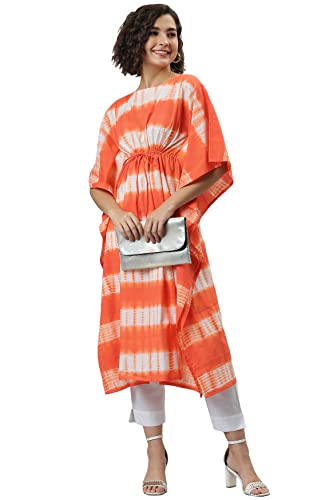 Image of Janasya Women's Orange Cotton Tie-Dye Kaftan Kurta