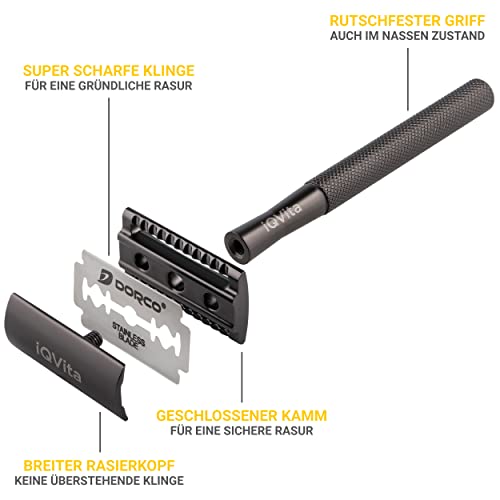 iQVita Rasierhobel - Metall - Schwarz- inkl. 10 Klingen - Safety Razor + eBook - Image 5