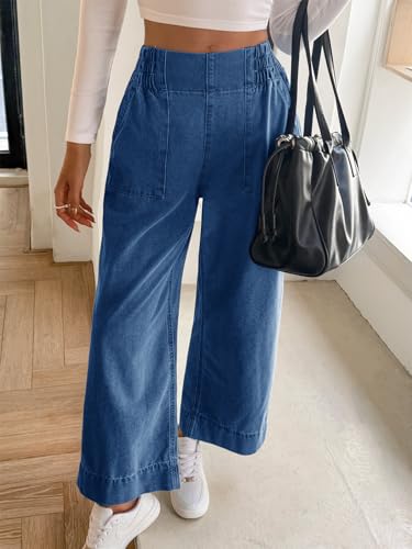 Image of Cicy Bell Womens Wide Legs Baggy Jeans Elastic High Waisted Casual Loose Boyfriend Denim Pants with Pockets