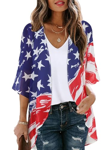 Image of Women's Floral Print Puff Sleeve Kimono Cardigan Loose Cover Up Casual Blouse Tops 2026