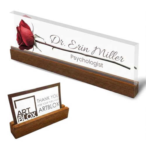 Image of Artblox | Modern Acrylic Desk Plate, Personalized Name Title Sign | Minimalist Office Decor, Promotion Gift | Rose Design on Clear Acrylic