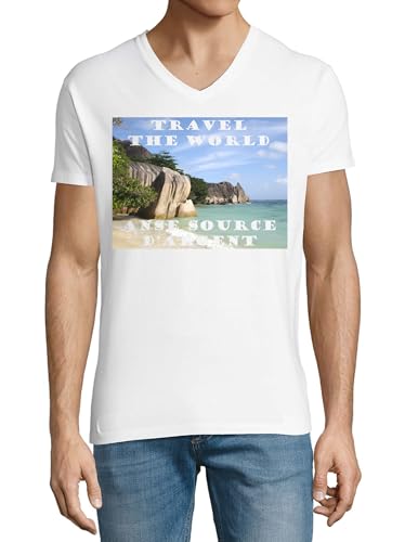 T-shirt col en V homme coton blanc Travel The World vêtement confortable Anse Source d'Argent