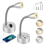 Eirolace 2 Stücke Wohnmobil Leselampe mit USB A+C-Ladegerät, 12V LED Wandlampe Spot Dimmbar DREI Farbtemperaturen, Schwanenhals Flexible Wandleuchte für Camper Van Caravan Boat Yacht (Silber)