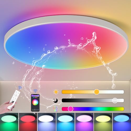 CANMEIJIA RGB Ceiling Light 24W Dimmable LED Ceiling Light, WiFi Bathroom Lights Ceiling with Remote Control,IP44 Waterproof Smart Ceiling Lights Compatible with Alexa Google Bluetooth for Bedroom