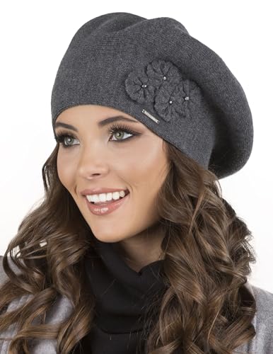 VIVISENCE Baskenmütze Damen Elegant Blume Warm Herbst Winter Accessoire 7006, Dunkelgrau,Einheitsgröße