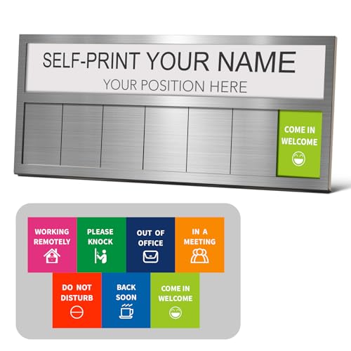 Name Plate for Desk& Office Door Sign, 7 Options Do Not Disturb, In A Meeting, Out of Office, Working Remotely, Please Knock, Come in Welcome，Stick or Stand with Desk Name Plate, Brushed Silver by EliteSign - Used condition - US$14.46