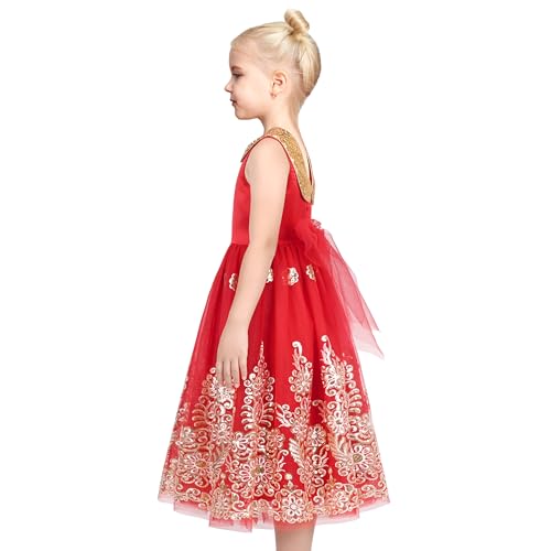 Sunny Fashion Girls Dress Red Floral Gold Embroidery Party Pageant Ball Gown Sleeveless4