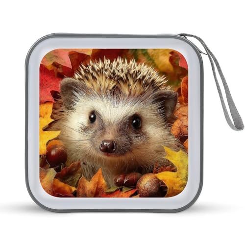 Cute Hedgehog Autumn Leaves CD Case DVD Storage Case Portable for Car Home Travel