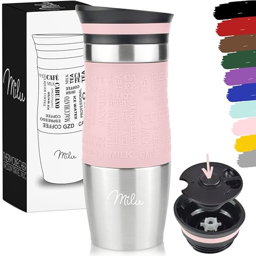 Milu Taza aislante de café y té para llevar 370ml 450ml - 100% a prueba de fugas - Taza de acero inoxidable para beber - vaso de aislamiento al vacío - Caliente y frío (Rosa, 370ml)