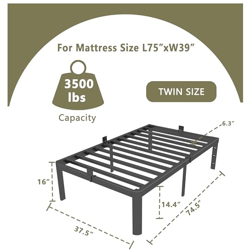 Image of ITIMIDI 16 Inch Metal Twin Bed Frames, Heavy Duty Strong Support Slats, Safety Design with Rounded Corner Legs and DIY Headboard Hole, No Box Spring Needed, Noise Free, Easy Assembly, Black