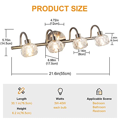 Image of Modern Bathroom Light Fixtures with 4-Light,Bathroom Vanity Light Over Mirror with Crytal Shade,lampara led de pared for Bathroom Mirror(Bulb not Included)