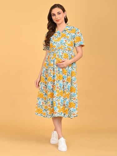 Image of The Mom Store Maternity and Nursing Dress | Pre and Post Pregnancy Dress for Womens | Zipper /Button Opening | Causal Wear | Trendy Stylish Causal Dresses for New Moms