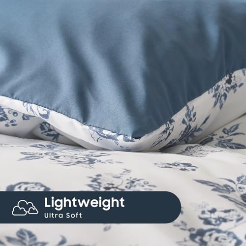 Image of Wake In Cloud - Cottagecore Comforter Set, Floral Vintage Flower Shabby Chic Coquette Aesthetic for Women Teen Girls, Soft Lightweight Dorm Bedding, 3 Pieces, Dark Blue, Full Size
