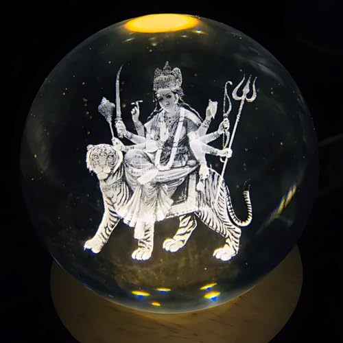 Image of 3D Crystal Ball Night Light with Wooden Base, Aesthetic Clear LED Lamp for Home and Bedroom Touch Switch, Warm Light for Kids and Teens Perfect Birthday & Anniversary (Durga MATA)