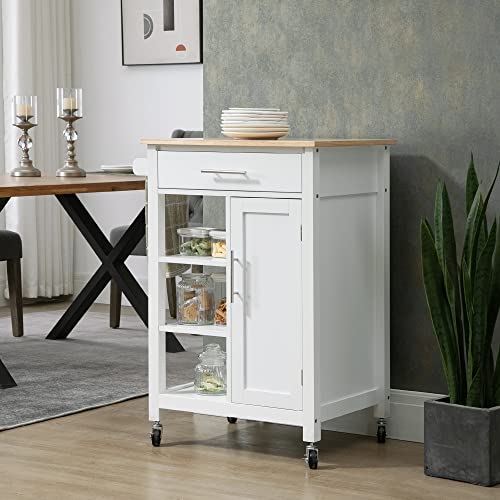 HOMCOM-Kitchen-Island-Cart-Rolling-Kitchen-Island-with-Storage-Shelf-Solid-Wood-Top-Drawer-for-Dining-Room-White HOMCOM Kitchen Island Cart Rolling Kitchen Island with Storage Shelf Solid Wood Top Drawer for Dining Room White