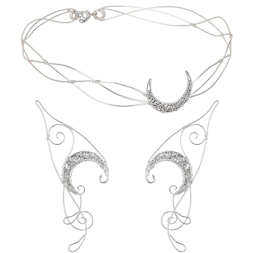 CoTeeZa Fairy Elf Ear Cuffs Set - 2 Pcs Medieval Silver Moon Crown Butterfly Rhinestone Earrings Fairy Circlet Ear Clip Kit for Women Renaissance Costume Halloween Party Prom Parade