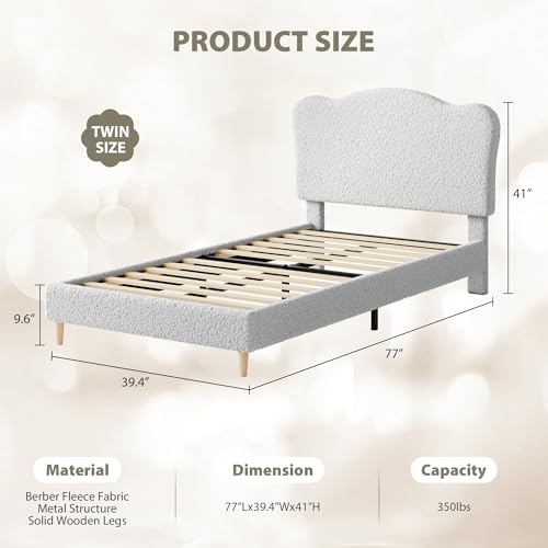 Image of GarveeHome Upholstered Twin Size Bed Frame for Kids with Scallop Headboard, Cute Velvet Twin Bed for Girls, Boys, Sturdy Platform Bed, No Box Spring Needed, Wooden Slats, Noise Free, Light Grey