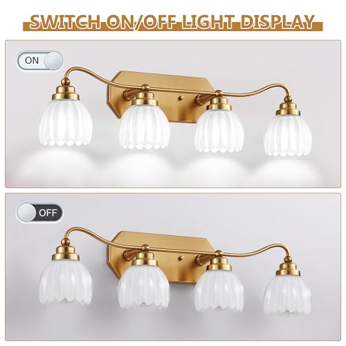 Image of Vintage Bathroom Light Fixtures, Gold Bathroom Vanity Light, Matte Antique Brass Finish with Crystal Glass Shade, Wall Sconces Lighting for Bedroom, Living Room, Hallway (Milk White, 4-Light)